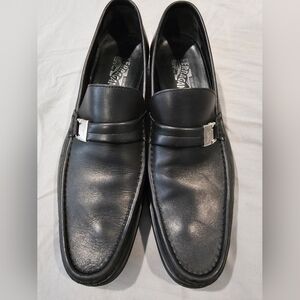 Salvatore Ferragamo Black Leather Penny Loafers with Silver Bit